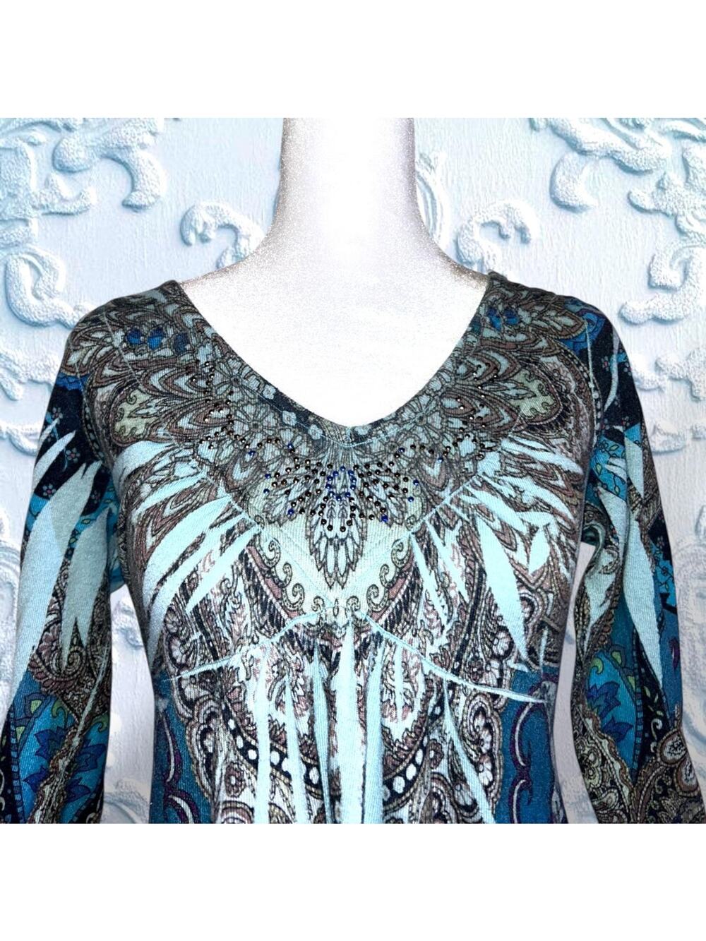 dramatic mandala burst design boho blue rhinestoned top